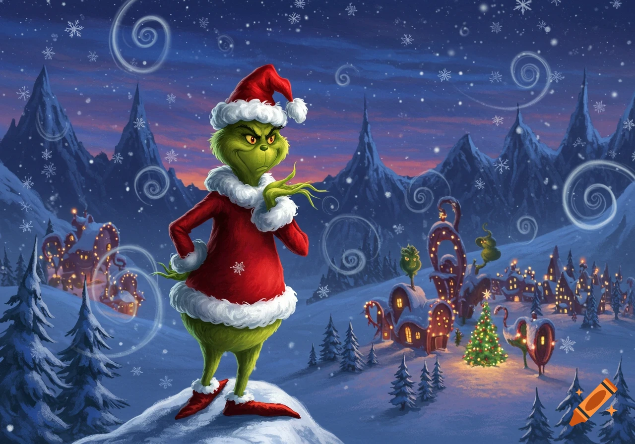 The Grinch in a Santa suit stands on a snowy mountain overlooking a decorated Whoville village under a starry, snowy sky.