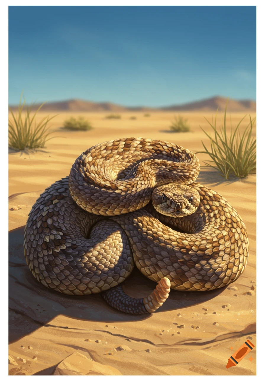A detailed illustration of a coiled rattlesnake on sandy desert ground under a clear blue sky.