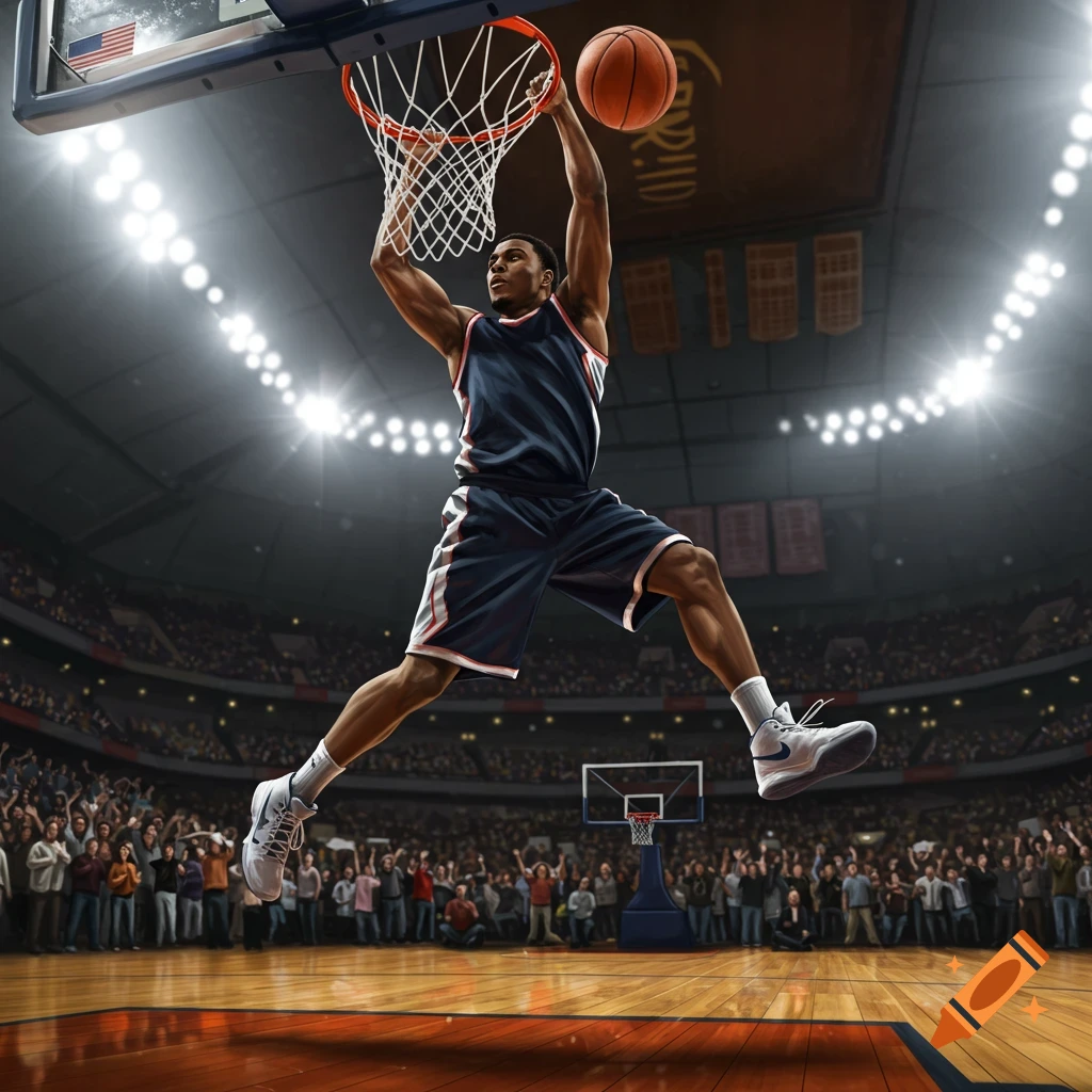 A basketball player in a dark uniform dunks a ball in a brightly lit arena packed with spectators.