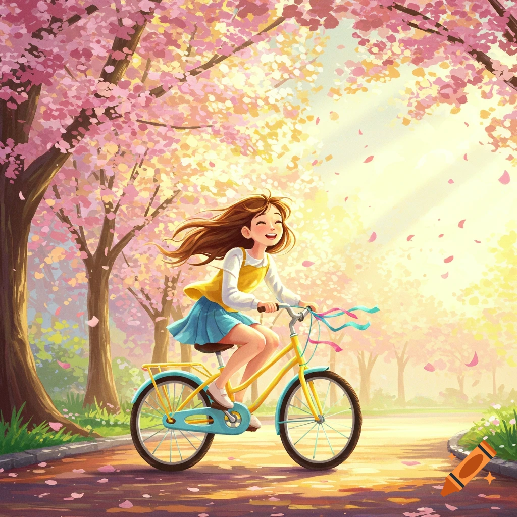 A happy cartoon girl with brown hair rides a yellow bicycle through a park filled with pink cherry blossoms, with sunlight filtering through.