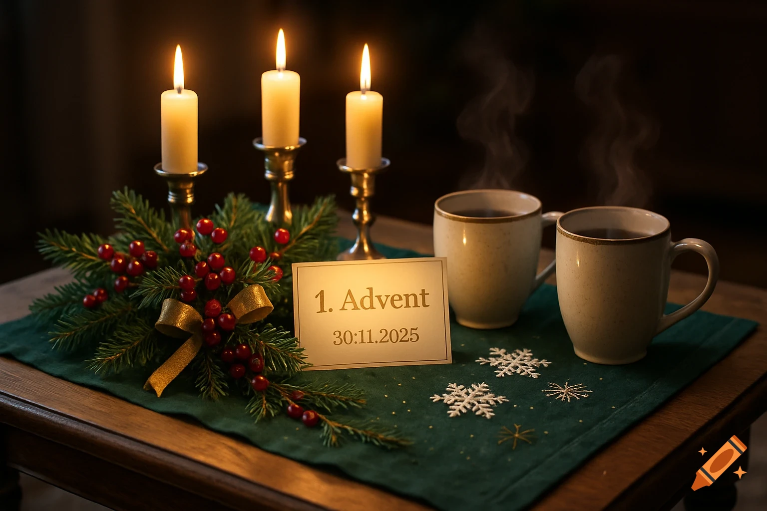 A photorealistic Advent table setting with three lit candles, pine garland, berries, two steaming mugs, and a sign for "1. Advent".