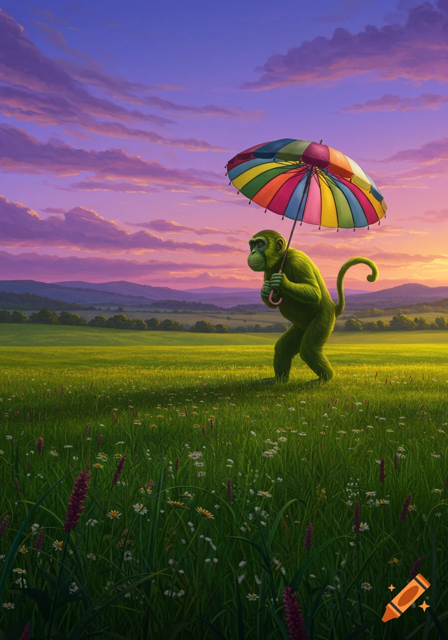 A vibrant green monkey holds a colorful rainbow umbrella while walking across a vast green field under a dramatic purple and orange sunset sky in an illustration.