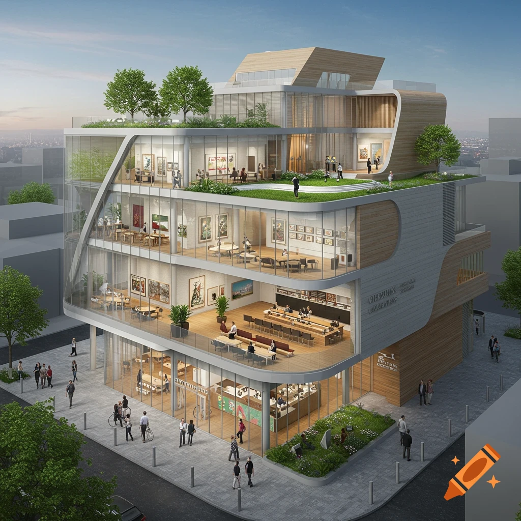 Modern multi-story building with glass and wood facades, green roofs, and interior views of cafes, exhibitions, and lounges, bustling with people.