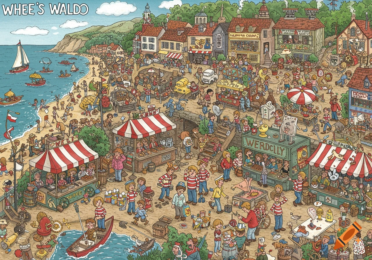 A highly detailed, bustling cartoon illustration of a beach and town, with many people, shops, and market stalls, in the style of 'Where's Waldo'.