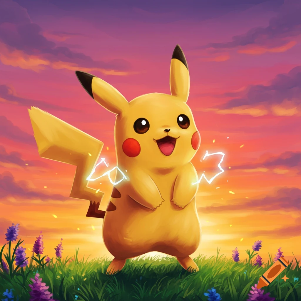 Pikachu stands in a field of green grass and purple flowers under a vibrant pink and orange sunset sky, emitting stylized lightning.