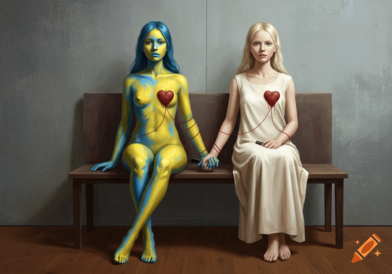 Two women, one painted blue/yellow, one in white, sit holding hands on a bench with hearts on their chests connected by red threads. Realistic painting.
