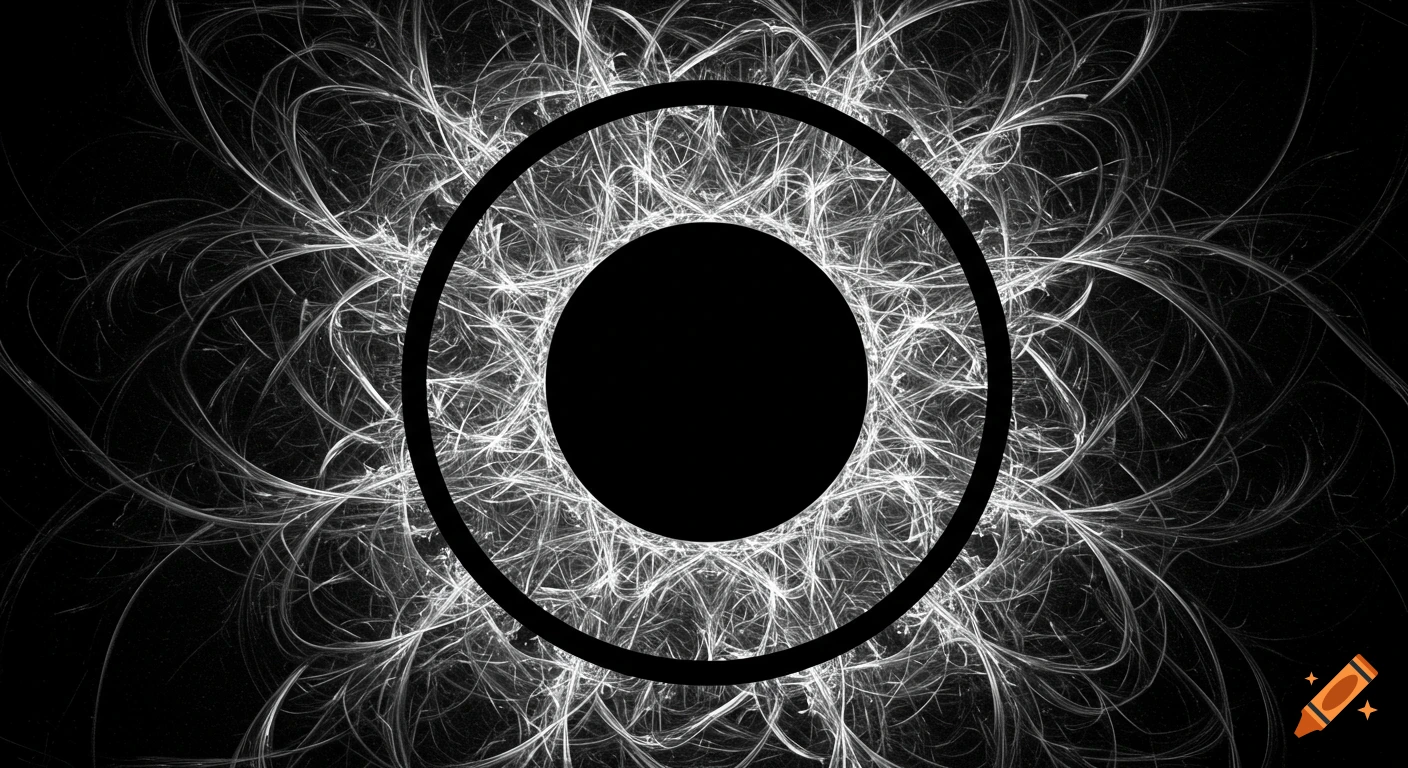 Monochrome abstract design with a central black circle surrounded by intricate white fractal lines on a black background.