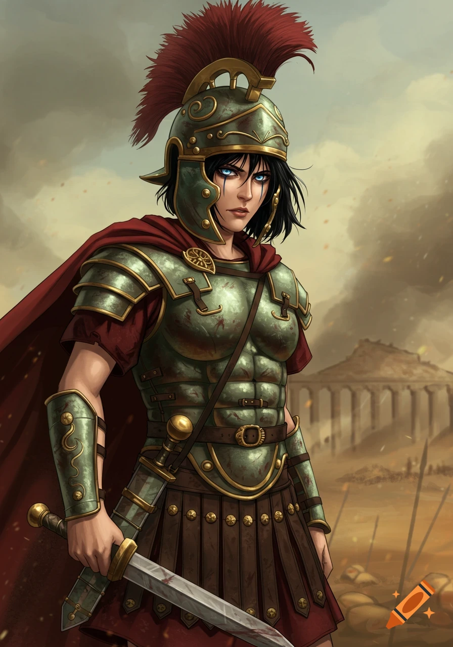 A striking warrior woman with blue eyes and short black hair, wearing battle-worn Roman armor and a red cape, stands on a dusty battlefield, holding a sword. Anime art style.