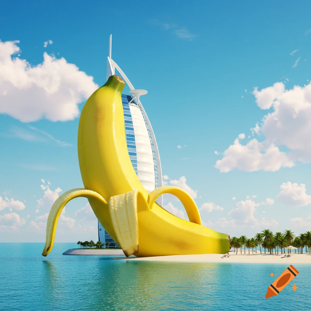 A gigantic, partially peeled banana stands in the sea in front of the photorealistic Burj Al Arab hotel on a sunny day.