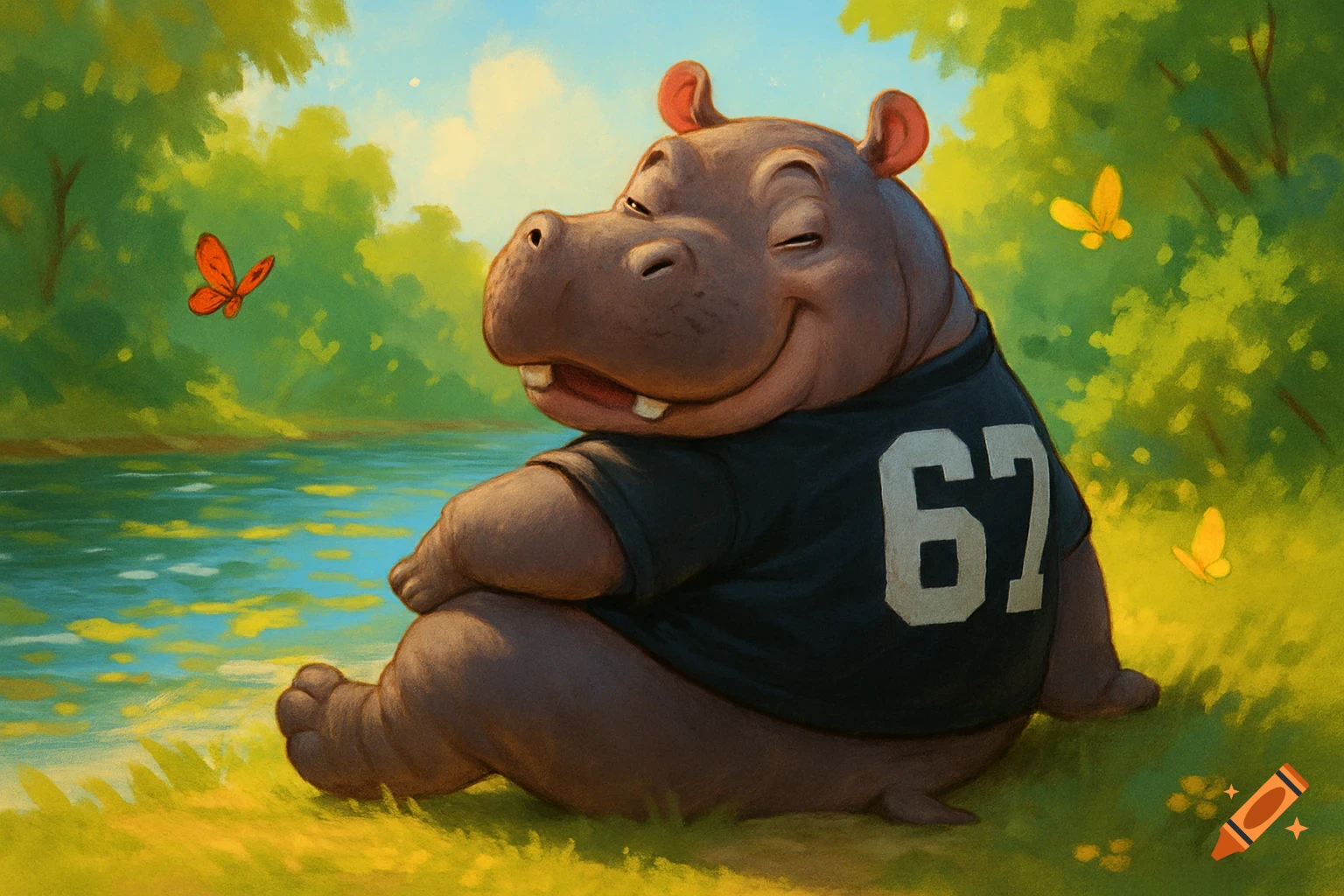 A cute cartoon hippo wearing a black football jersey with "67" on it, smiling by a river in a lush, green, sunlit landscape with butterflies.