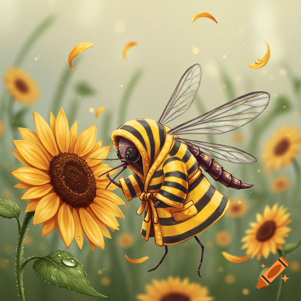 A whimsical illustration of a cute mosquito wearing a yellow and black striped bathrobe, standing in a field of sunflowers.