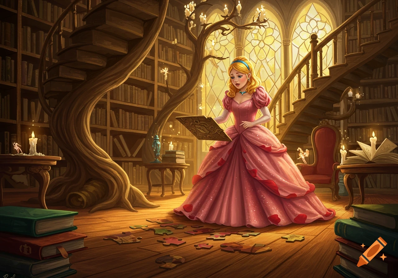 Blonde princess in a pink gown examines puzzle pieces on the floor of an enchanted library with winding stairs.