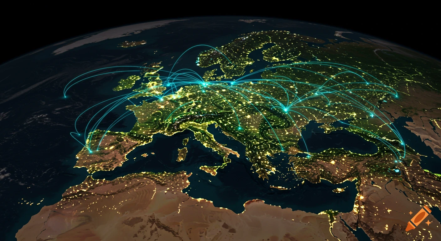 Satellite view of Europe at night with city lights and glowing blue network lines connecting major cities.