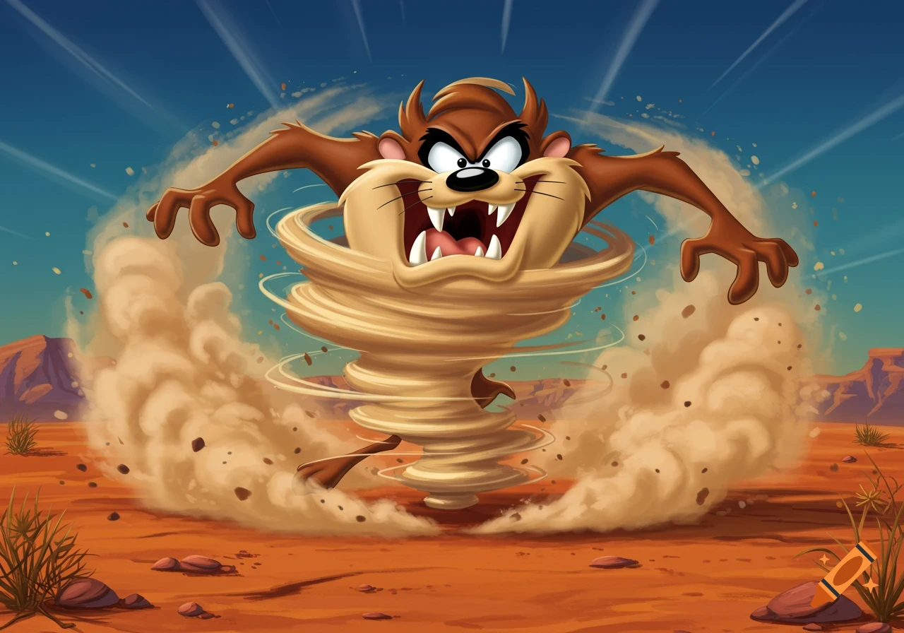 Taz, a brown cartoon devil, spins wildly in a massive dust tornado across a red desert landscape under a blue sky.