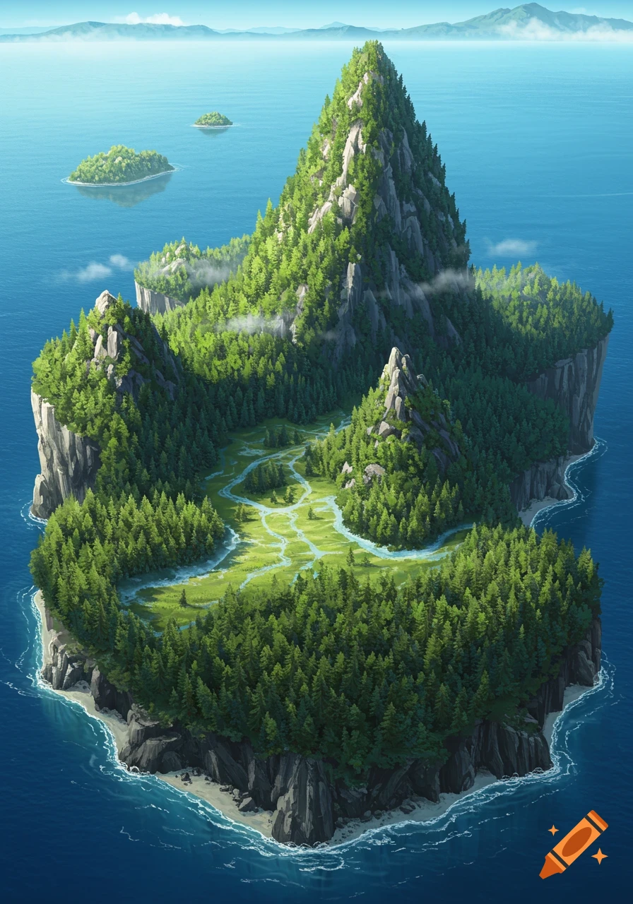 An aerial view of a vibrant green island covered in pine forests, with rocky mountains, winding valleys, a river, and sandy beaches, surrounded by a calm blue ocean under a clear sky.