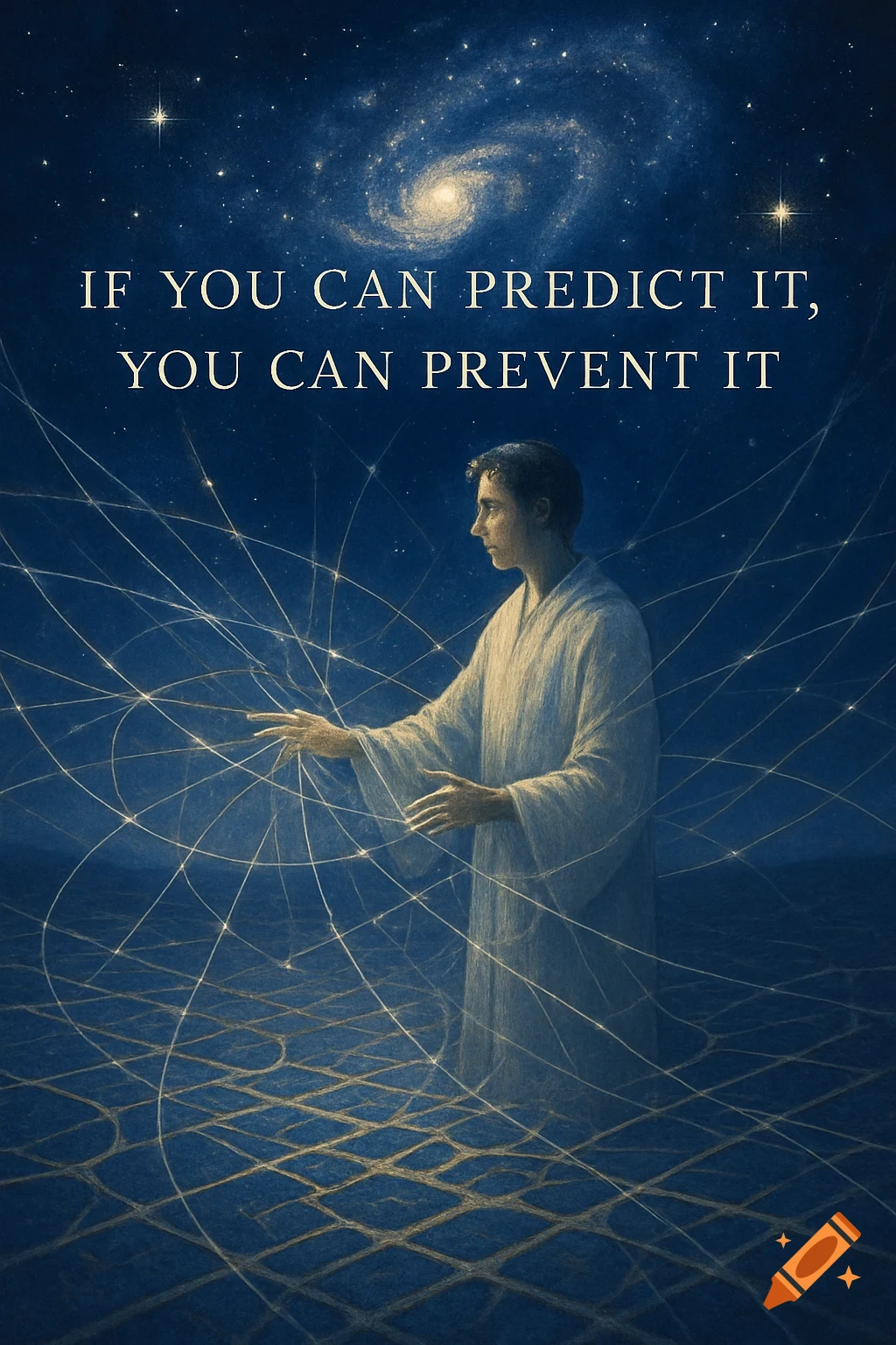 A man in a robe interacts with a glowing network under a starry galaxy. Text reads 'IF YOU CAN PREDICT IT, YOU CAN PREVENT IT'.