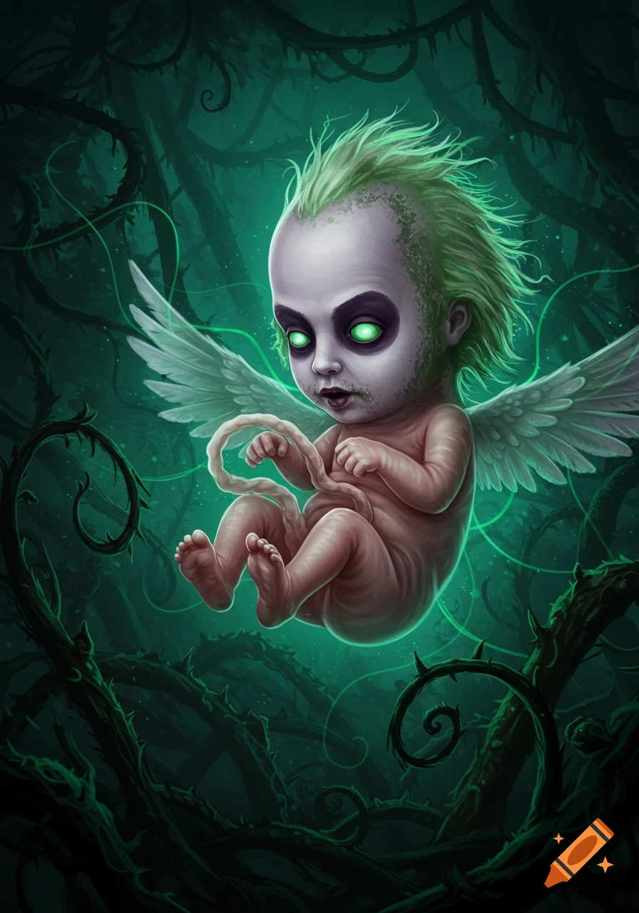 A grotesque baby-like creature with green hair, glowing eyes, and small white wings floats among dark, thorny vines in a stylized digital painting.
