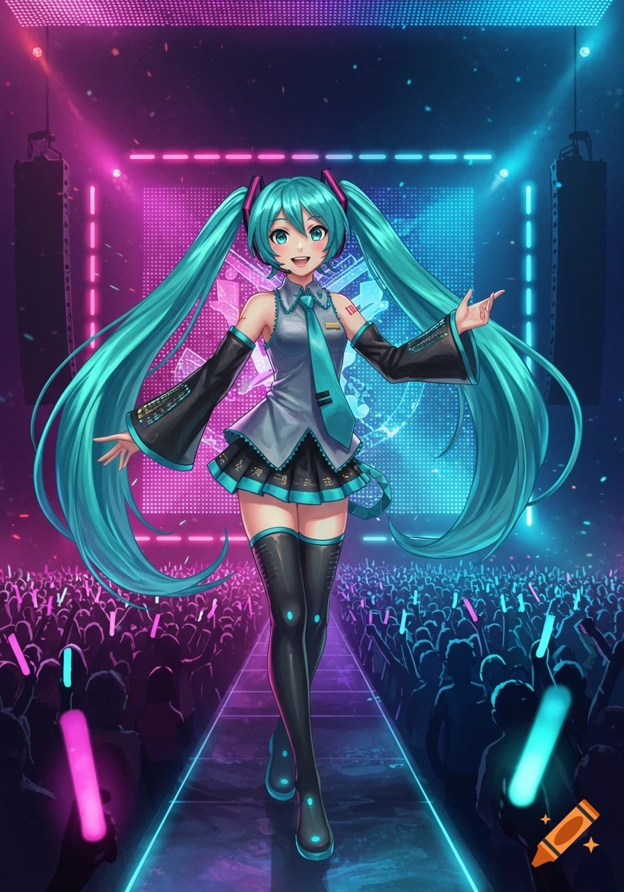 Hatsune Miku, an anime girl with long teal pigtails, smiles on a neon-lit concert stage before a cheering crowd, in a digital art style.