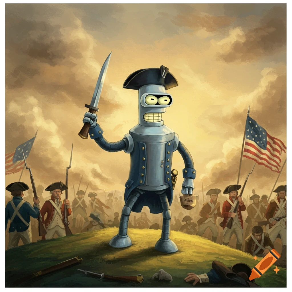 Bender from Futurama, dressed as a colonial soldier in a blue coat and tricorn hat, holds a bayonet high. He stands on a hill with other revolutionary soldiers and a 13-star American flag under an orange, cloudy sky.