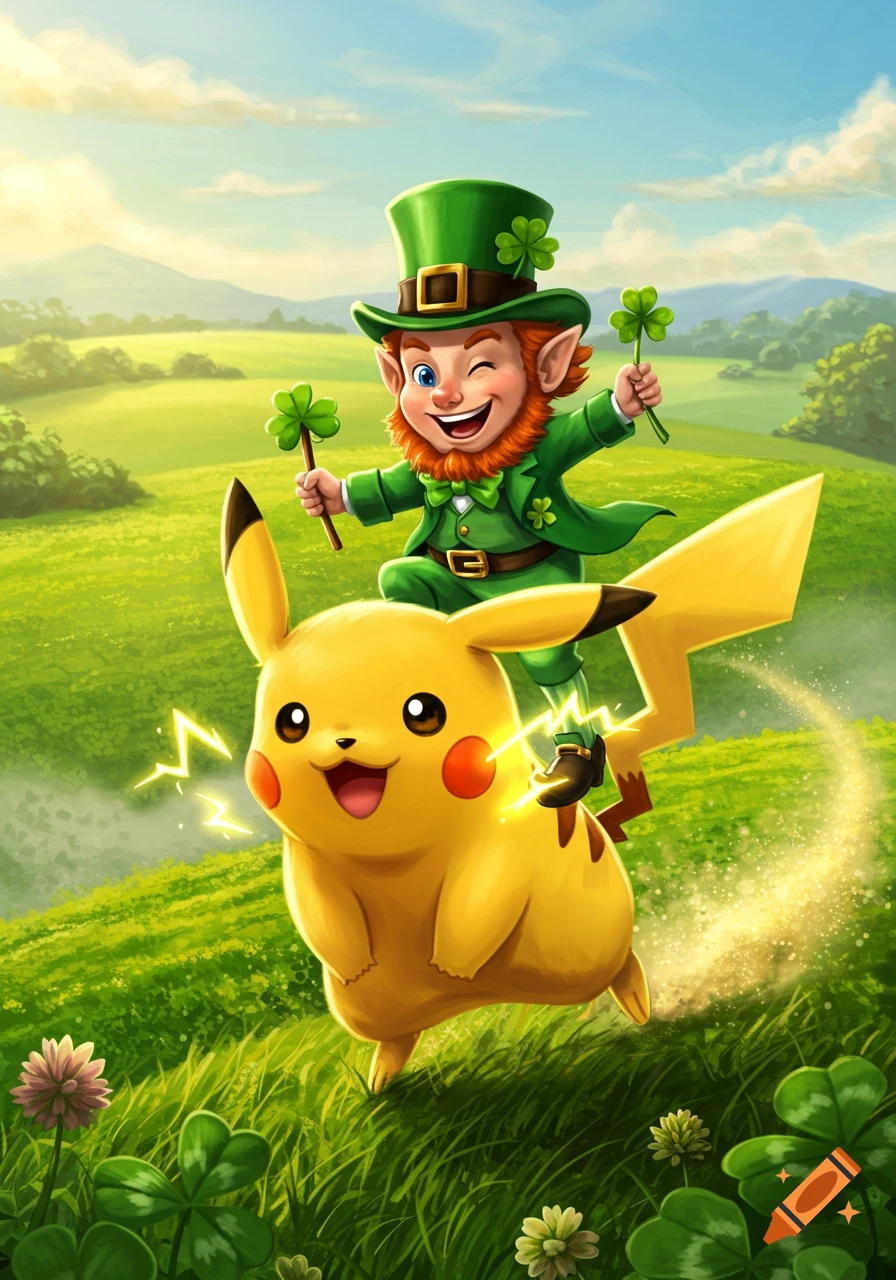 A cheerful cartoon leprechaun winks and holds shamrocks while riding a smiling Pikachu across a vibrant green field.