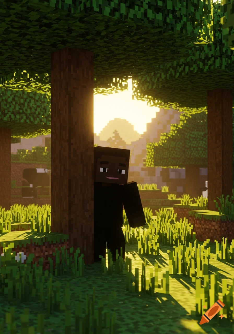 A Minecraft-style character with dark skin peeking from behind a tree in a sunny, blocky forest.