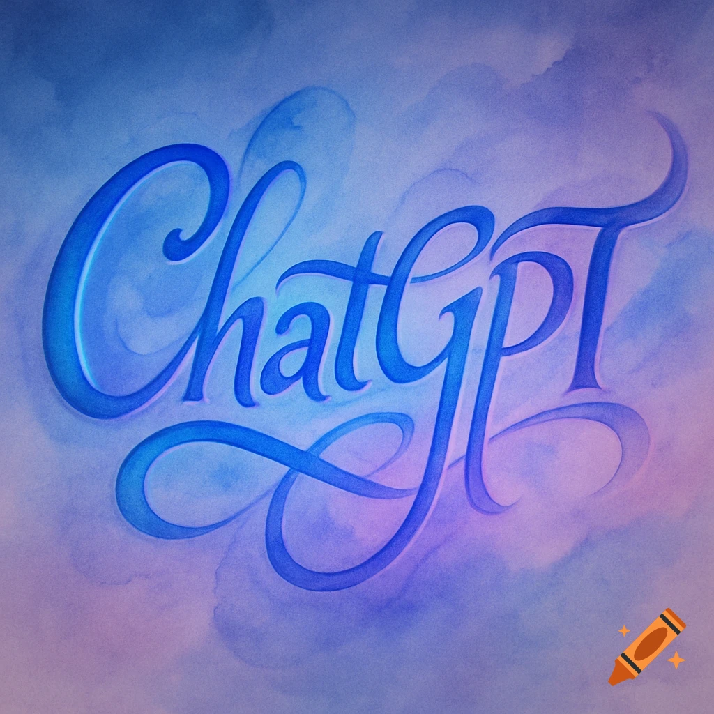 Blue script text "ChatGPT" on a soft blue and purple watercolor background.