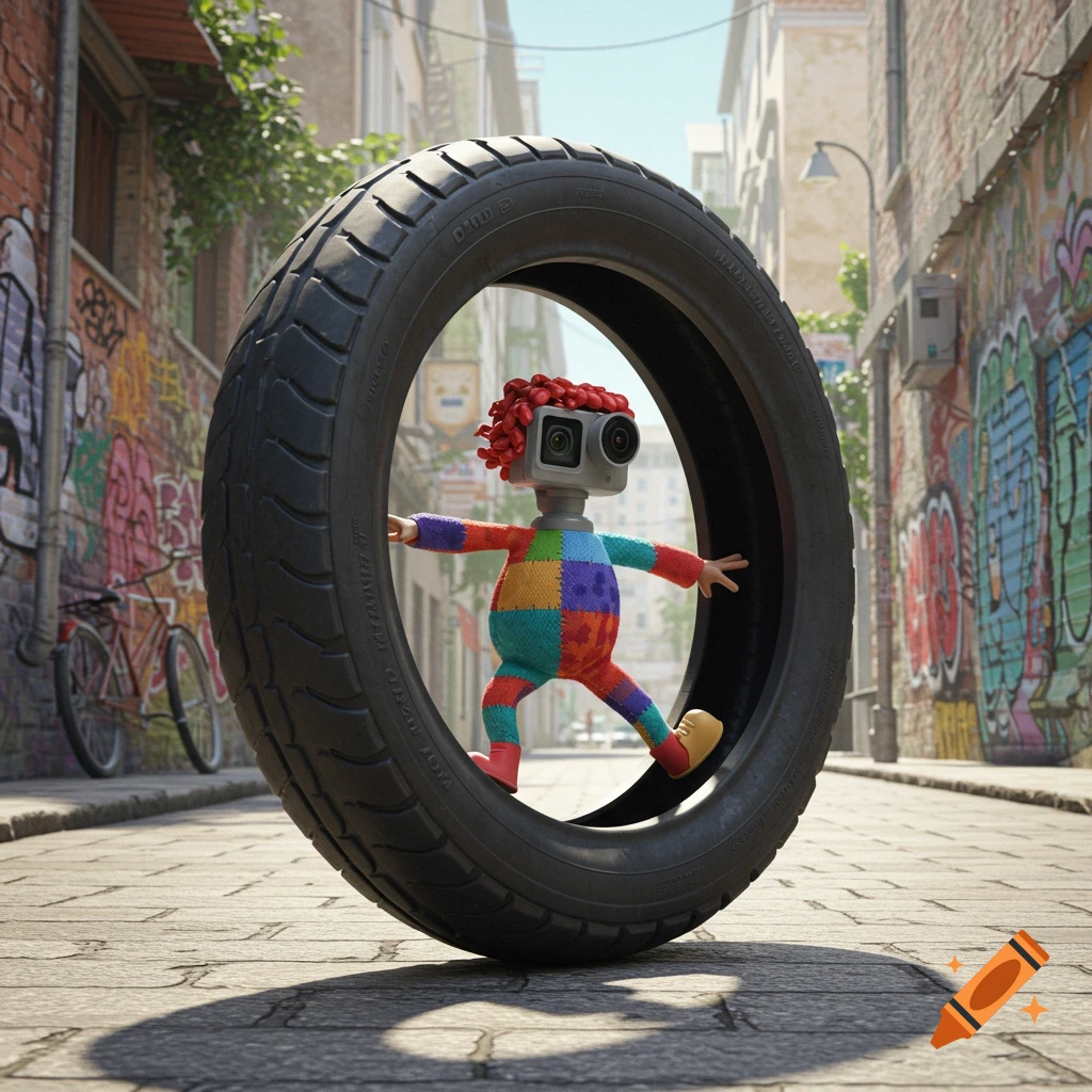 A colorful cartoon character with a camera for a head and red curly hair walks inside a large bicycle tire down a graffiti-covered alleyway.