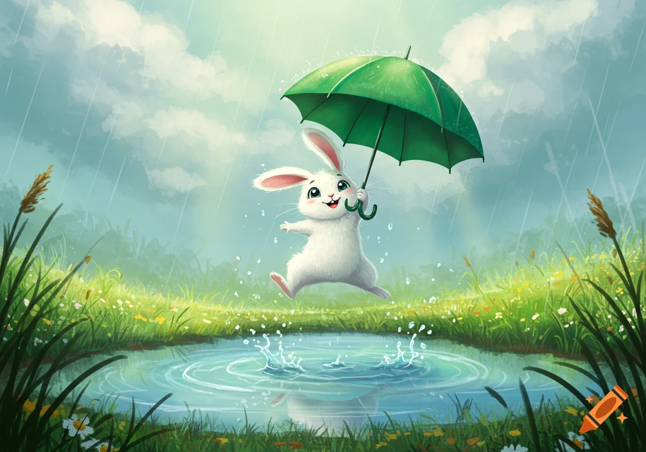 A cute cartoon rabbit jumps over a puddle, holding a green umbrella in the rain, amidst a grassy field.