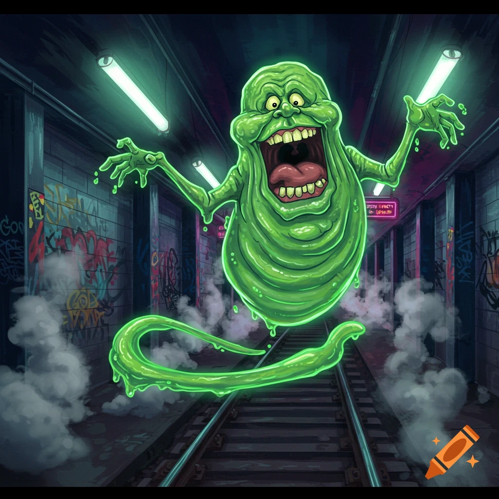 Stylized illustration of Slimer the ghost from Ghostbusters, floating over subway tracks in a graffiti-covered tunnel.