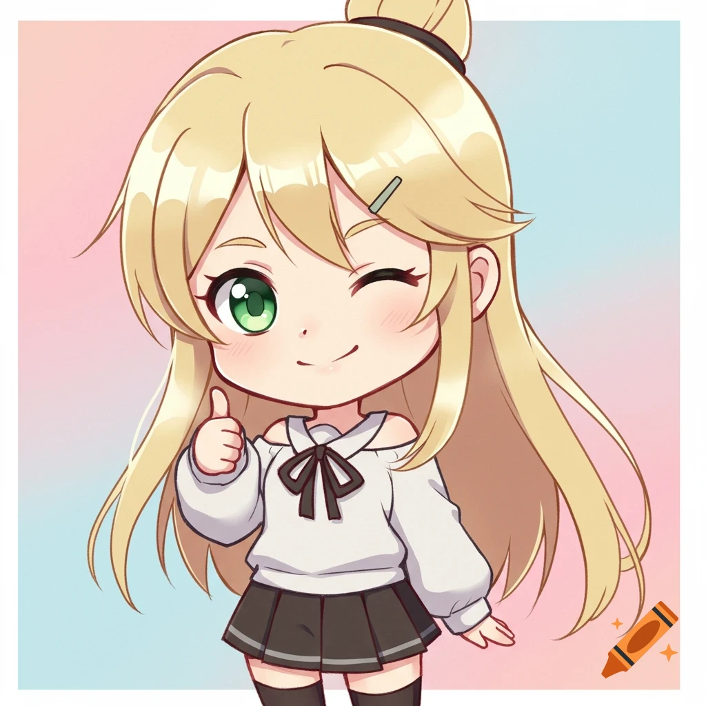 Chibi anime girl with blonde hair and green eyes winking and giving a thumbs up against a pink and blue background.