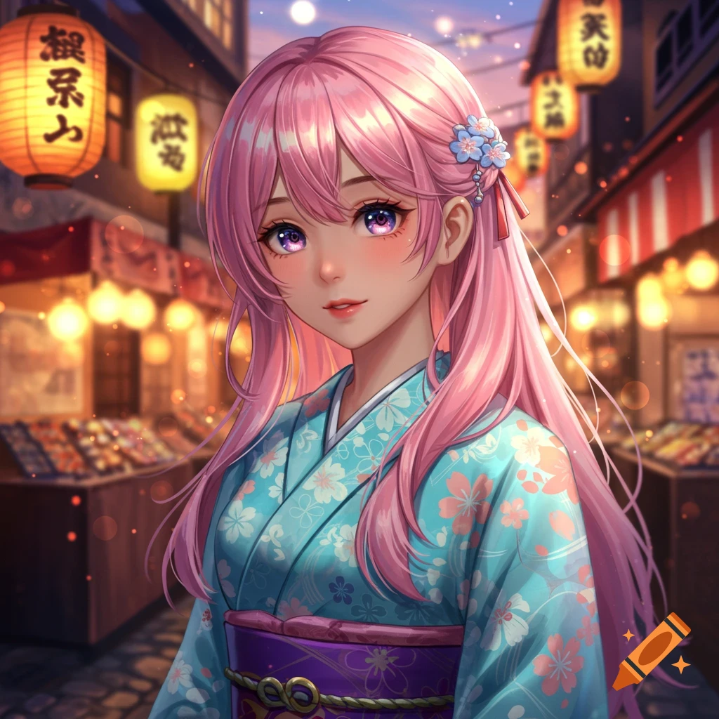 A pink-haired anime woman in a blue floral kimono stands on a Japanese street with glowing lanterns.