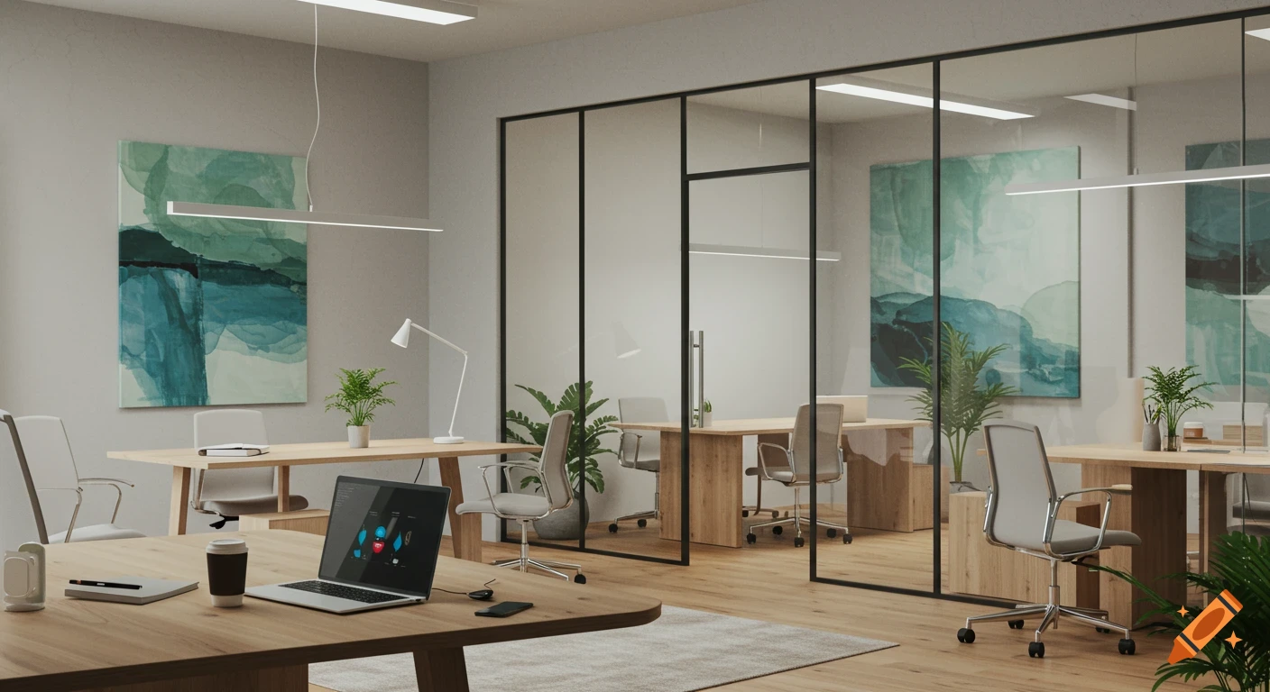 A modern, well-lit office space with wooden desks, ergonomic chairs, glass partitions, and abstract teal artwork.