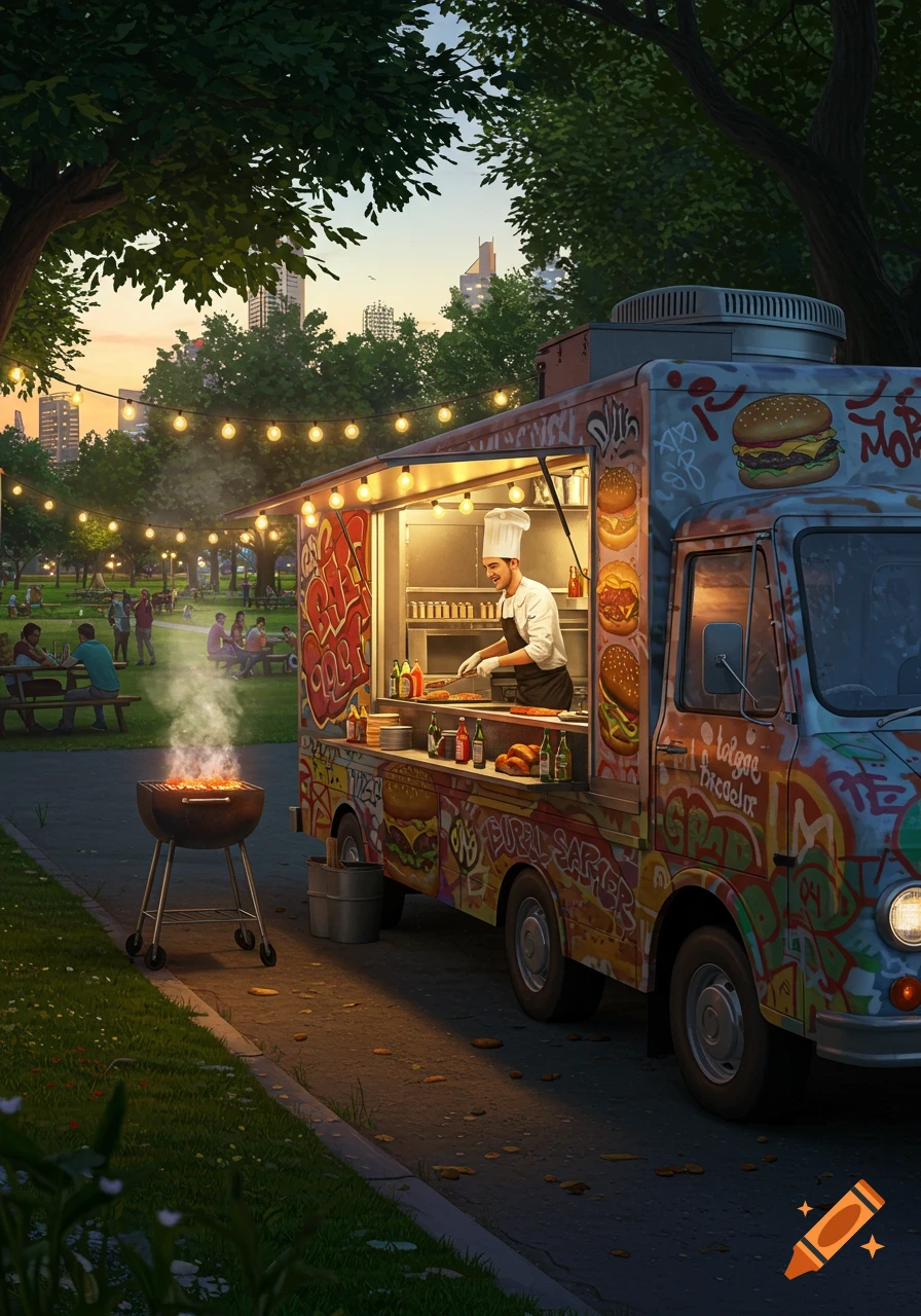 A vibrant evening scene with a graffiti-covered burger food truck and a chef grilling in a park, string lights overhead.