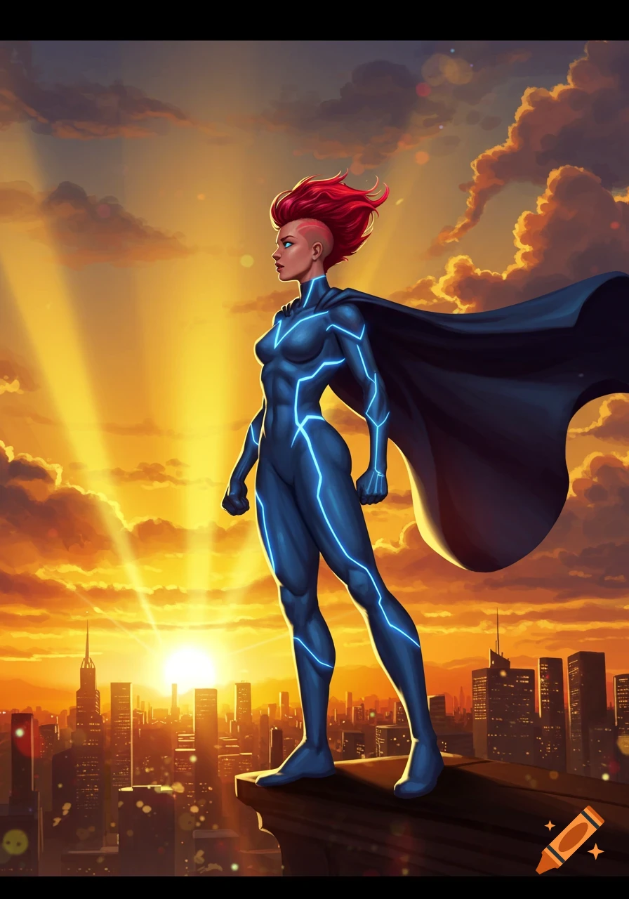 A confident female superhero with red hair and a blue glowing suit stands on a rooftop overlooking a cityscape at sunset in a comic art style.