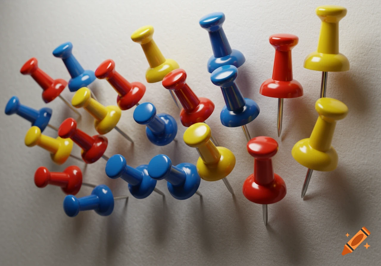 A close-up of a scattered group of red, yellow, and blue pushpins on a light surface.
