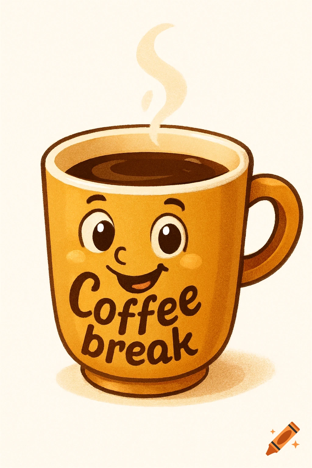 A cheerful, smiling cartoon coffee cup with steam rising, featuring the text 'Coffee break' on its front, against a white background.