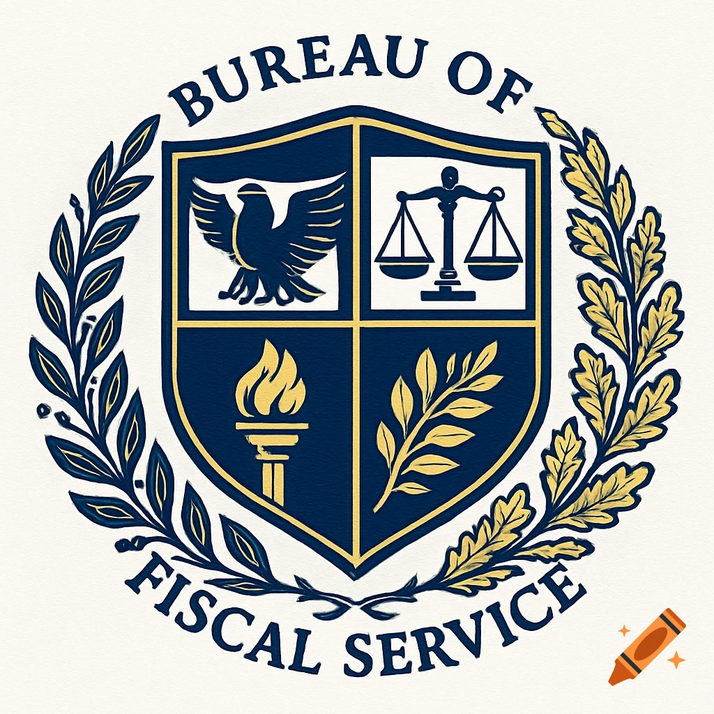 Bureau of Fiscal Service logo: a blue and gold shield with an eagle, scales, torch, and leaves, framed by text and a wreath.
