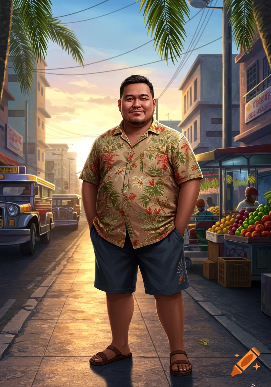 An overweight Filipino man in a Hawaiian shirt and shorts stands on a bustling city street with jeepneys and fruit stalls.