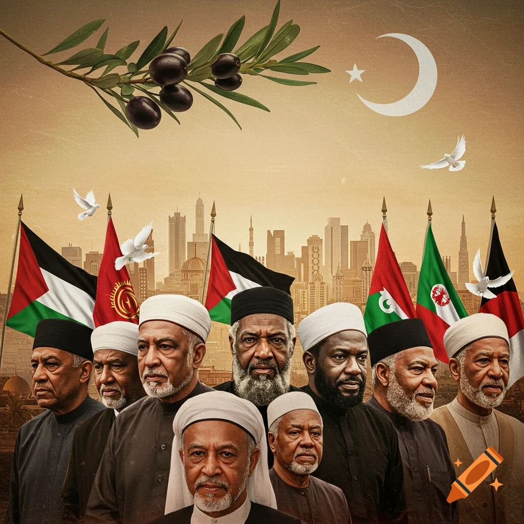 A group of diverse Muslim men in traditional attire stand before a cityscape and various flags, with an olive branch, crescent moon, star, and doves above, symbolizing unity.