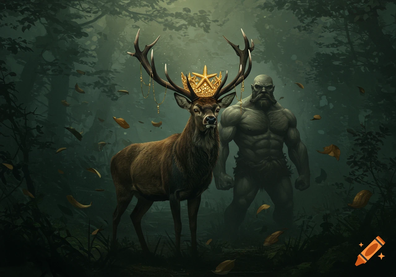 A majestic deer wearing a starfish crown stands in a dark, murky forest, with a muscular, green-skinned man behind it.