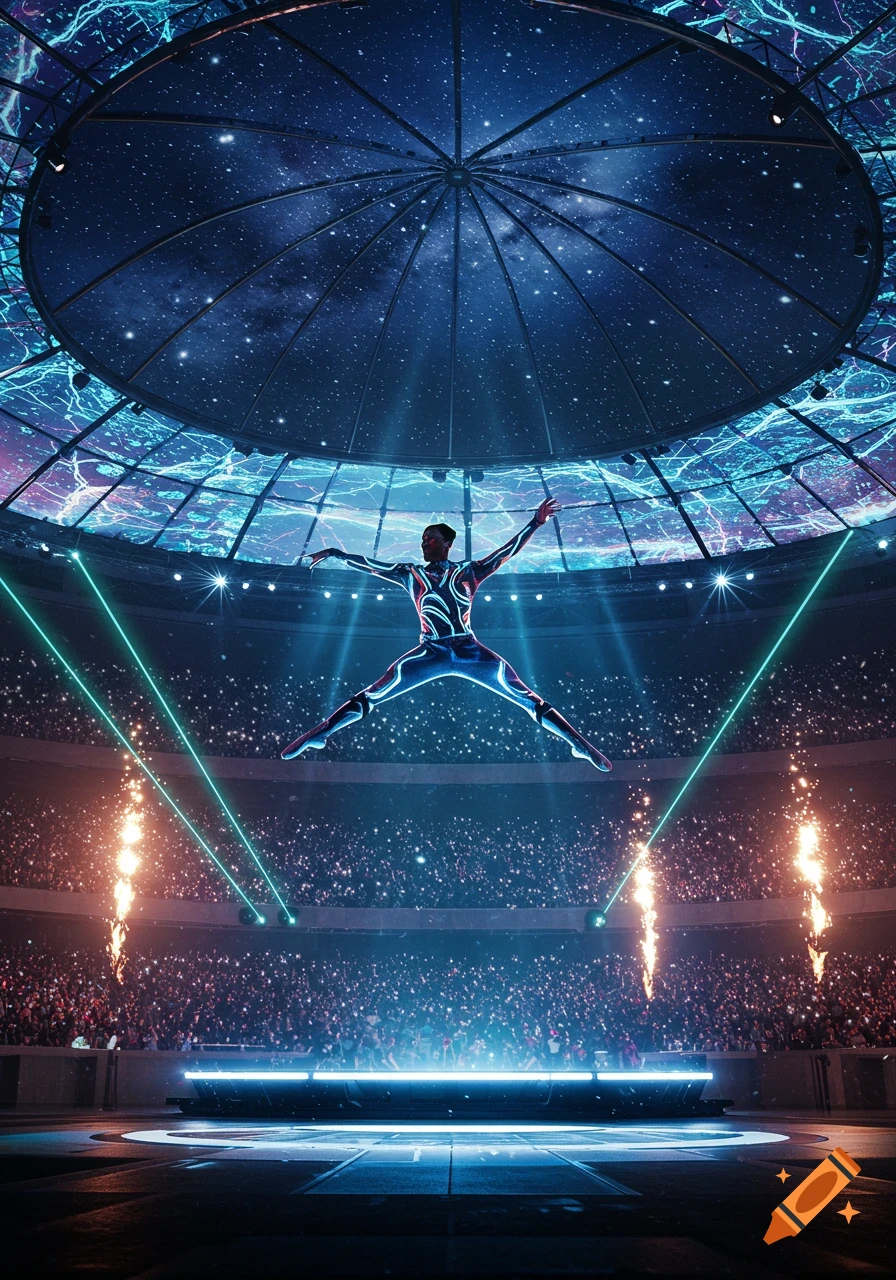 A performer in a futuristic, glowing suit jumps on a stage in a dark stadium with a starry dome and laser lights.