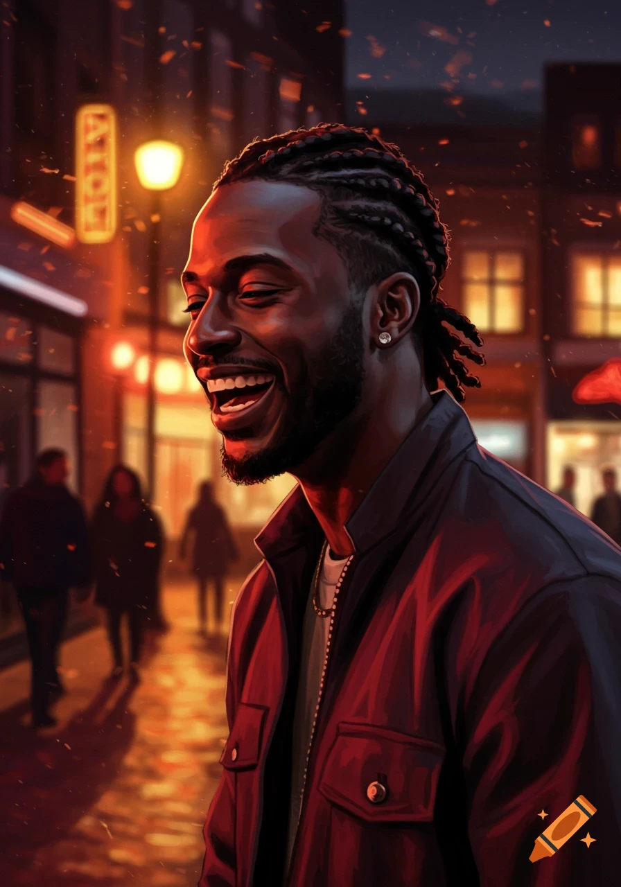 Digital painting of a Black man with cornrows smiling on a warm-lit city street at night.
