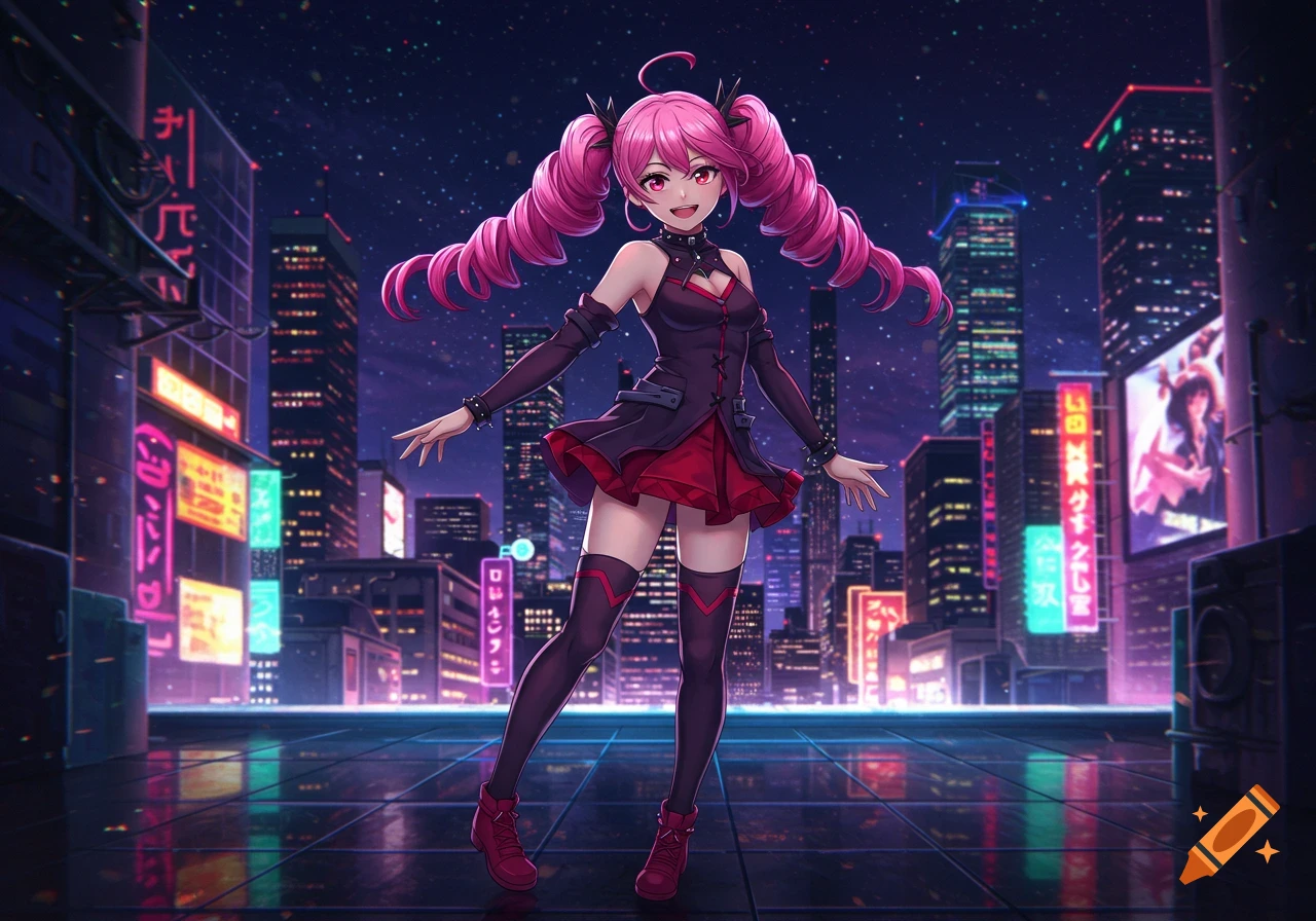 A smiling pink-haired anime girl in a black and red outfit stands on a reflective surface in a neon-lit cyberpunk city at night, digital art.
