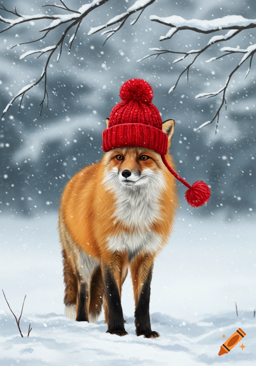 A red fox wearing a red pom-pom hat stands in a snowy forest with falling snow, in an illustration style.
