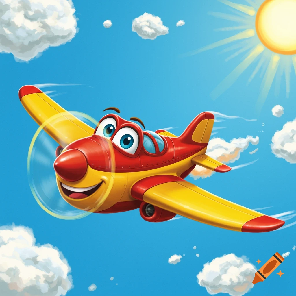 A cheerful red and yellow cartoon airplane with large eyes and a smiling face flies through a bright blue sky with fluffy white clouds and a shining sun.