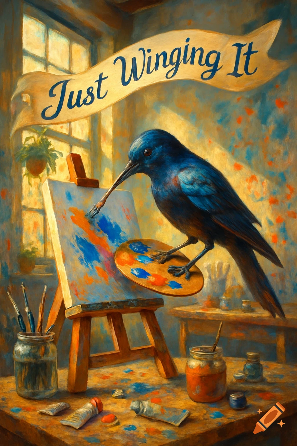 A blue bird paints on an easel, holding a palette, under a banner reading "Just Winging It" in a sunlit, painterly room.
