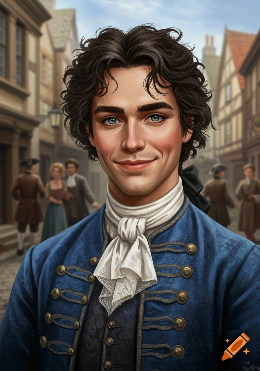 A handsome young man with dark curly hair and blue eyes, dressed in a blue 1700s coat and white cravat, smiles in an old European street.