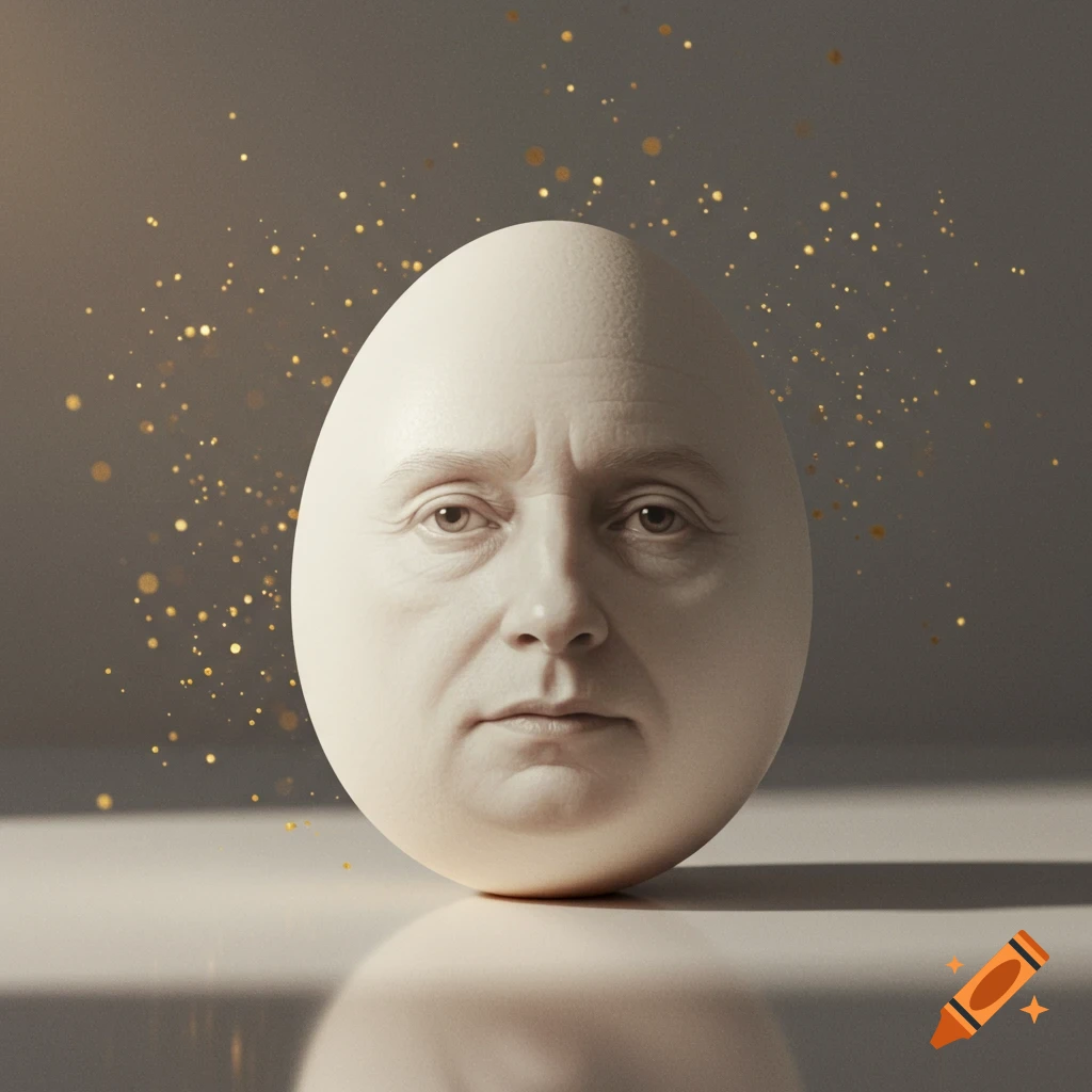 Photorealistic human face on a white egg, standing on a reflective surface with golden light specks in background.