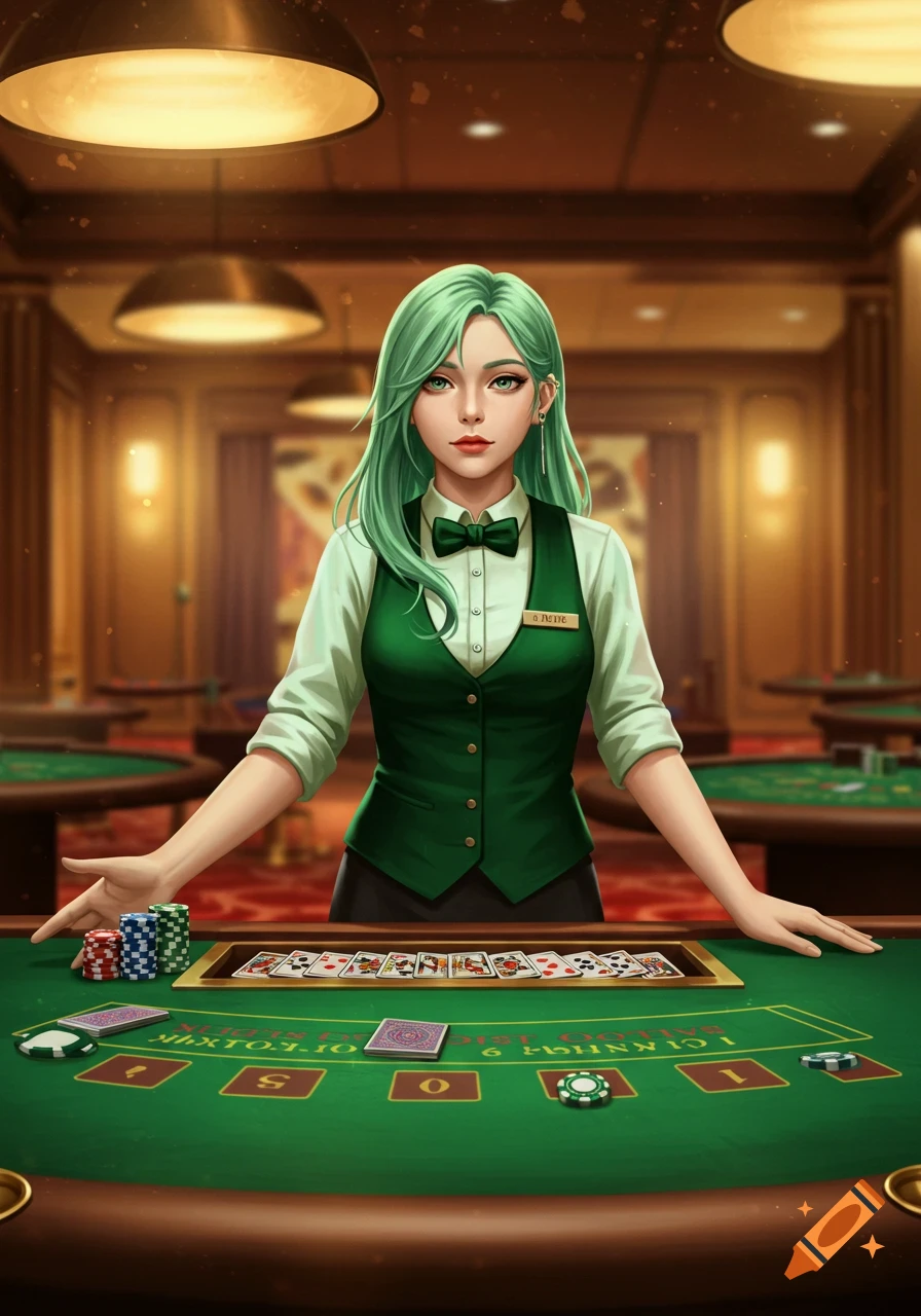 An anime woman with pale green hair, dressed as a casino dealer, stands at a blackjack table in a casino.