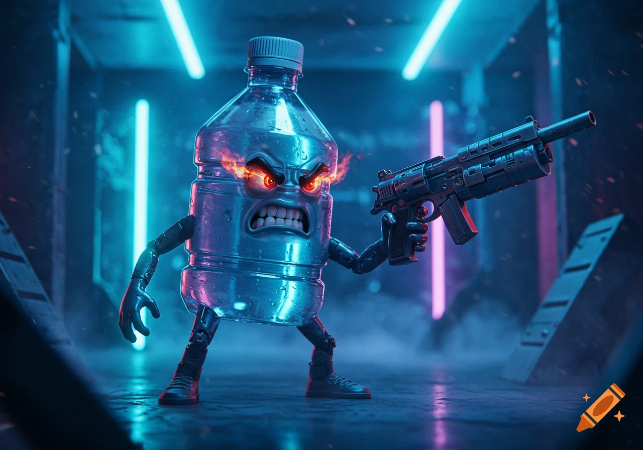 An angry, cartoonish water bottle character with glowing red eyes and fire around its head stands in a cyberpunk setting, holding a futuristic gun.